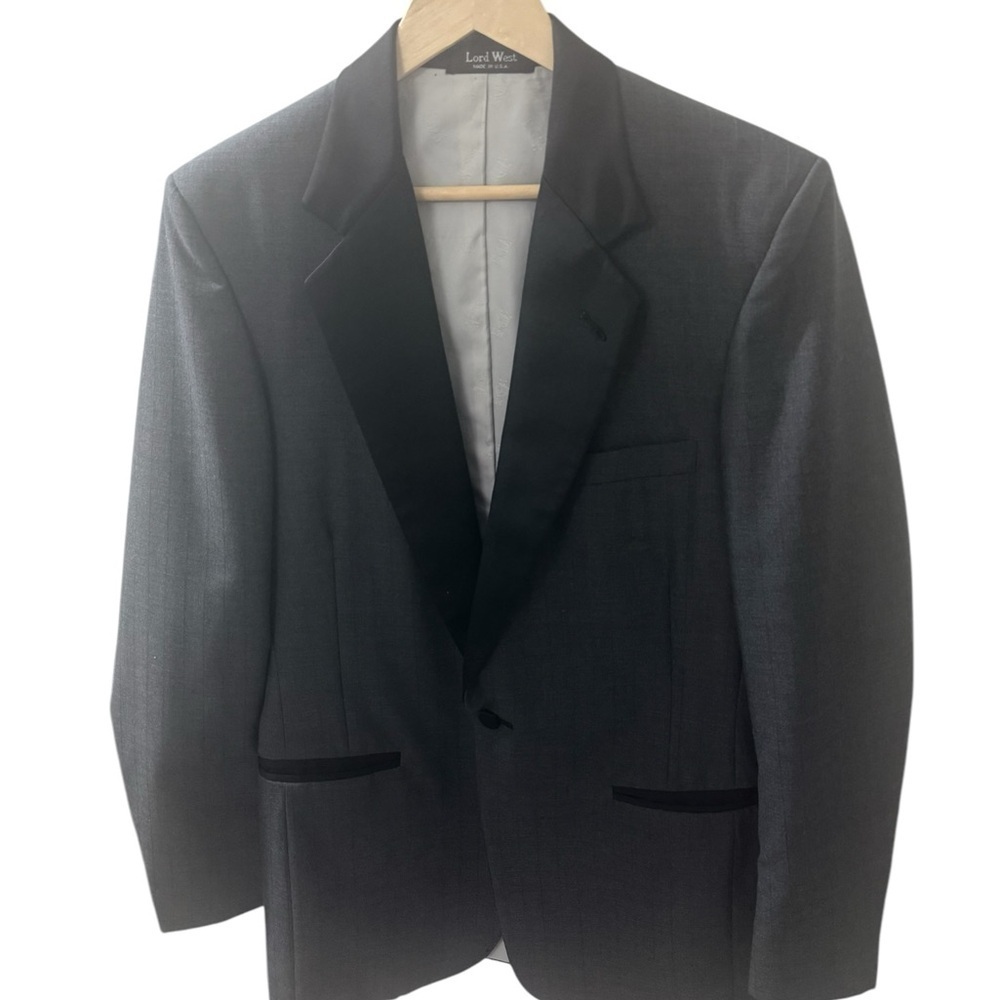 Lord West Men’s Black Formal Tuxedo Jacket Size 38L Satin Lapel Vented 100% Wool